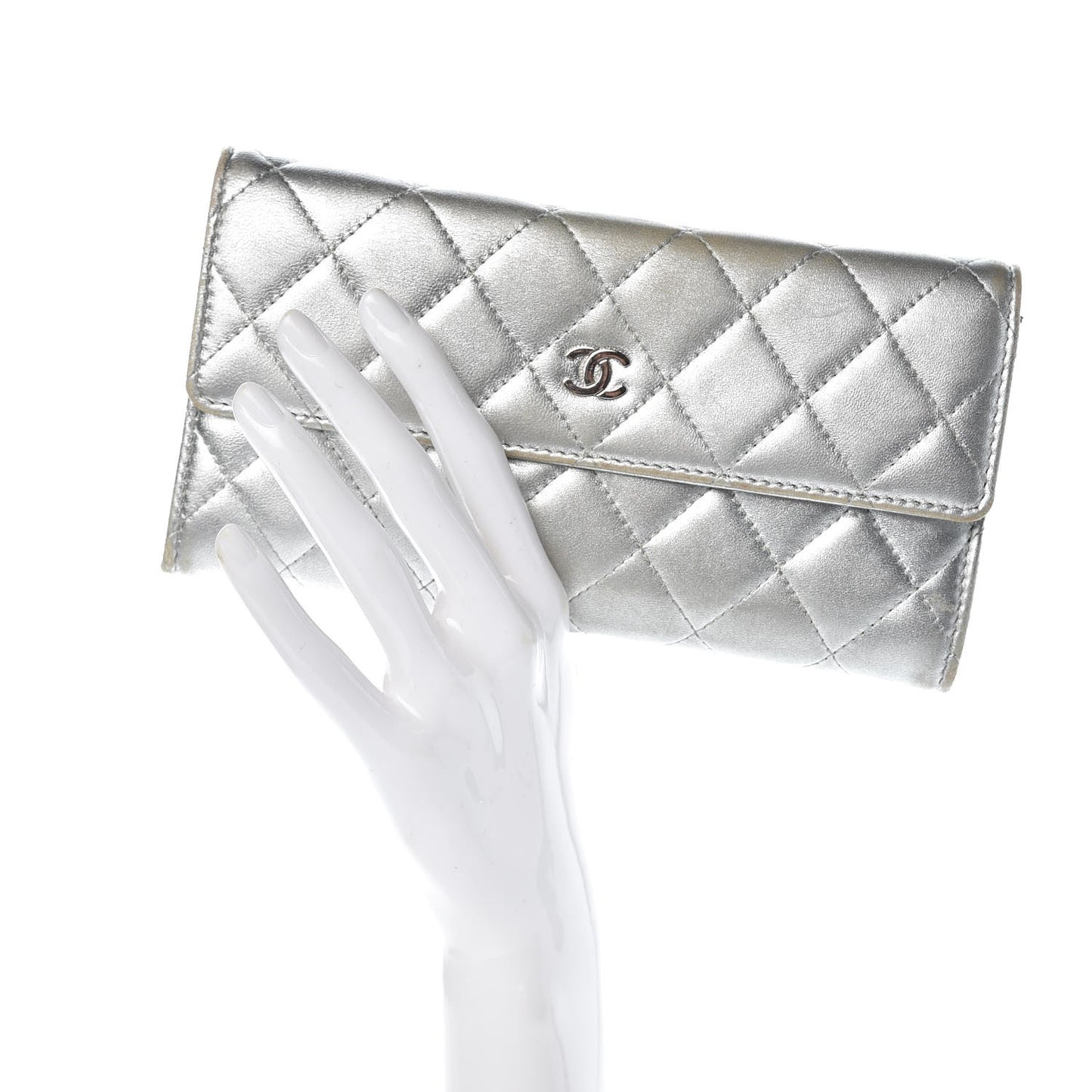 Metallic Lambskin Quilted Large Gusset Flap Wallet Silver