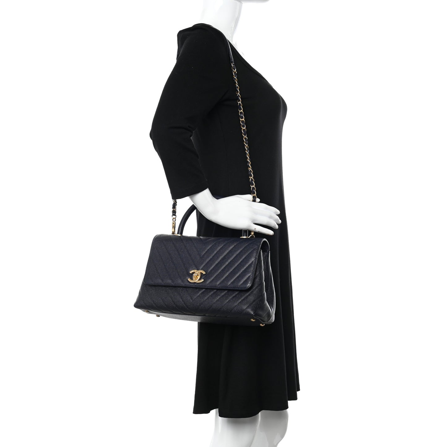 Caviar Chevron Quilted Small Coco Handle Flap Navy