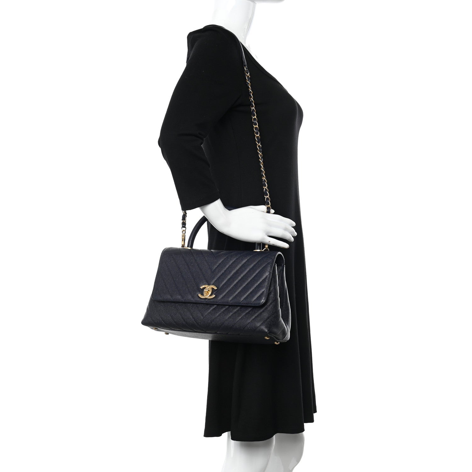 Chanel Caviar Chevron Quilted Small Coco Handle Flap Navy 2 of 10
