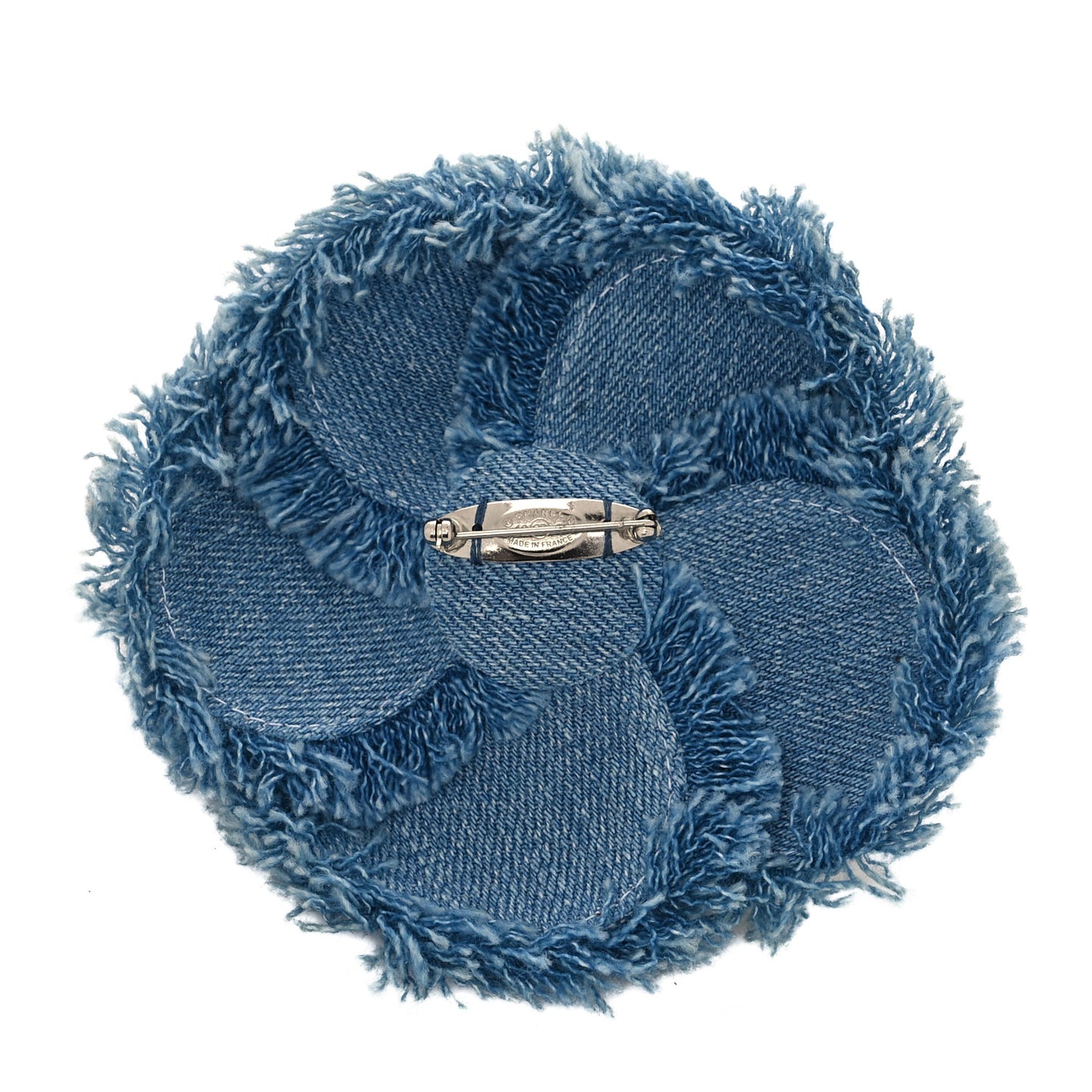 Denim Lambskin Camellia Pin Brooch Blue White