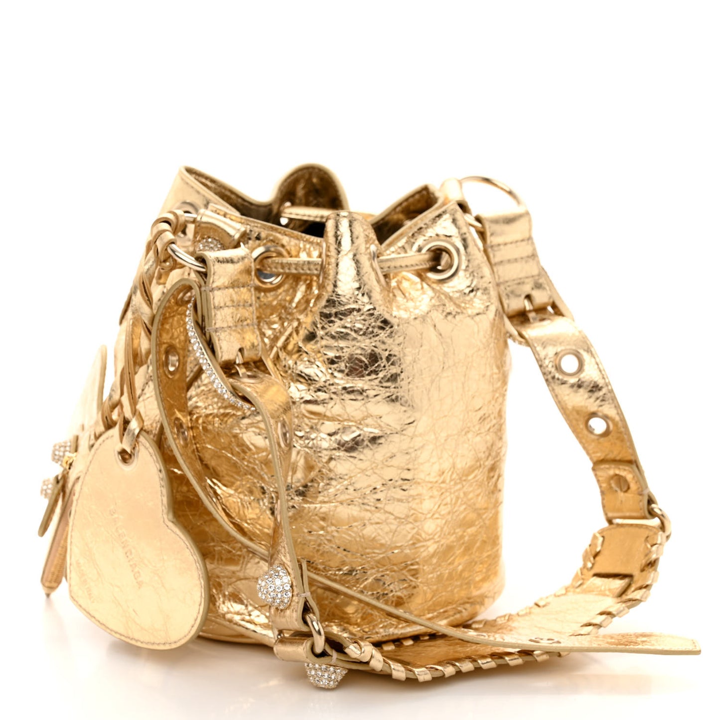 Metallic Agneau Arena Crystal Le Cagole Bucket Bag XS Light Gold