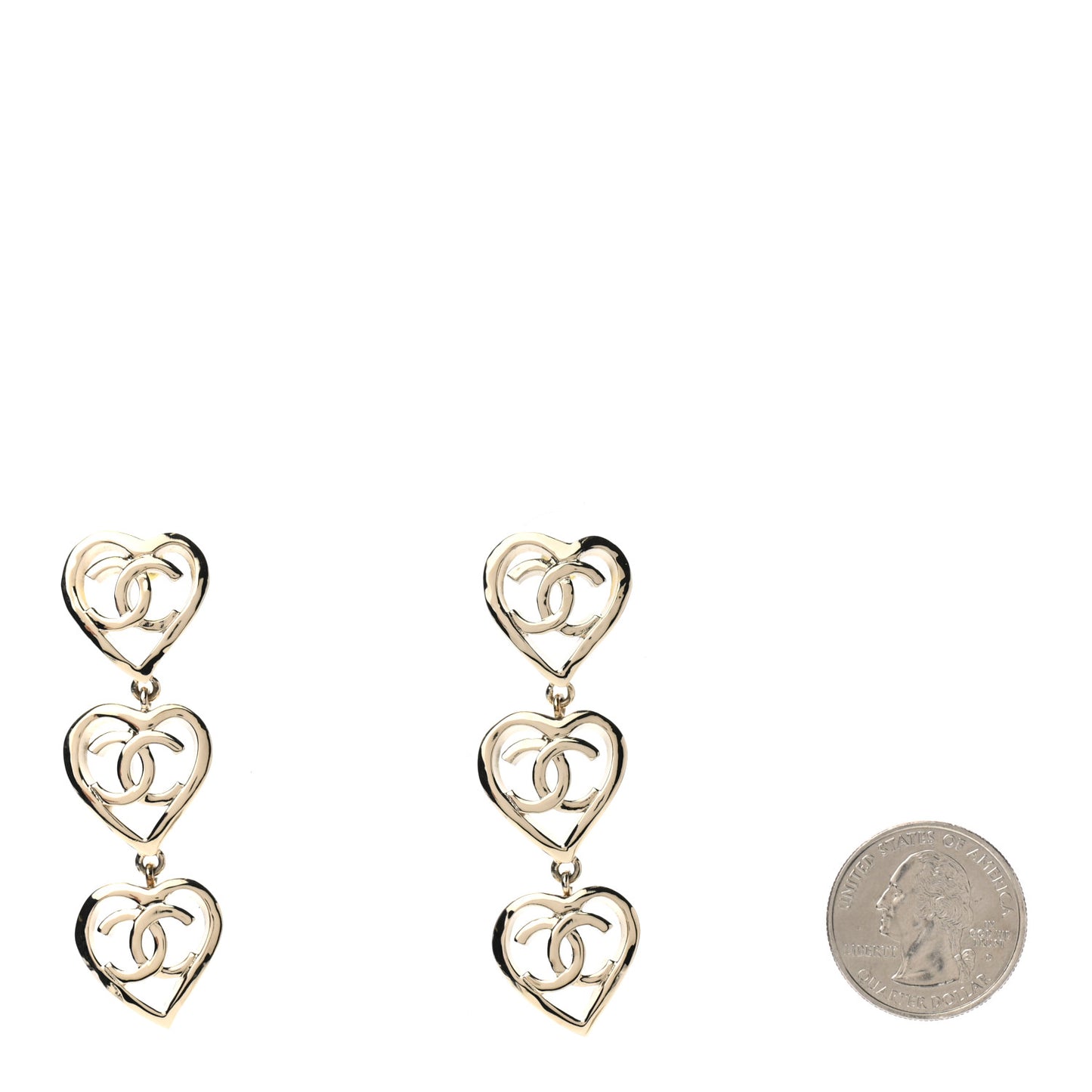 Metal CC Triple Heart Drop Earrings Gold