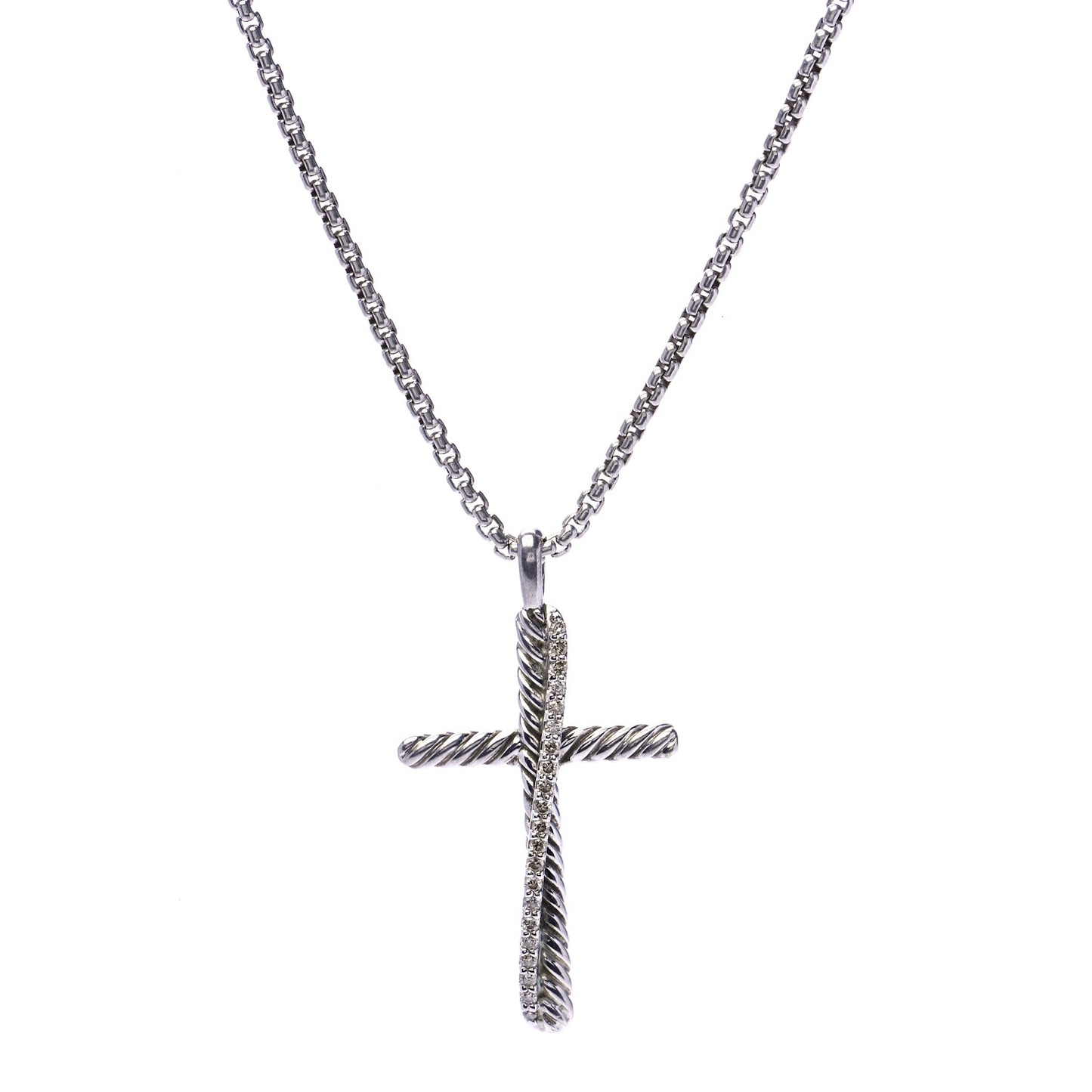 Sterling Silver 14K White Gold Diamond 35mm Crossover Cross Necklace