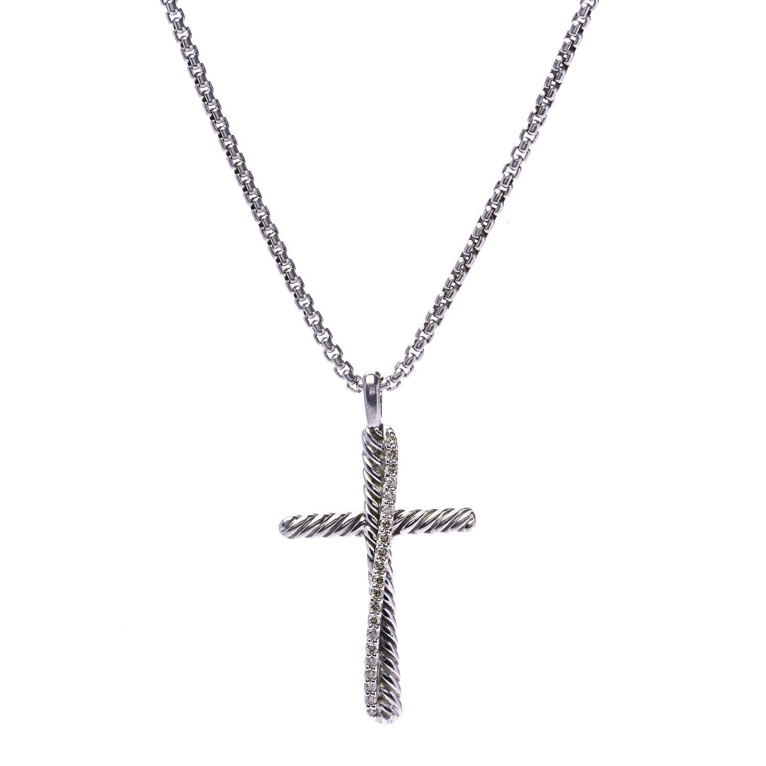 David Yurman Sterling Silver 14K White Gold Diamond 35mm Crossover Cross Necklace 2 of 7