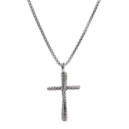 David Yurman Sterling Silver 14K White Gold Diamond 35mm Crossover Cross Necklace 2 of 7