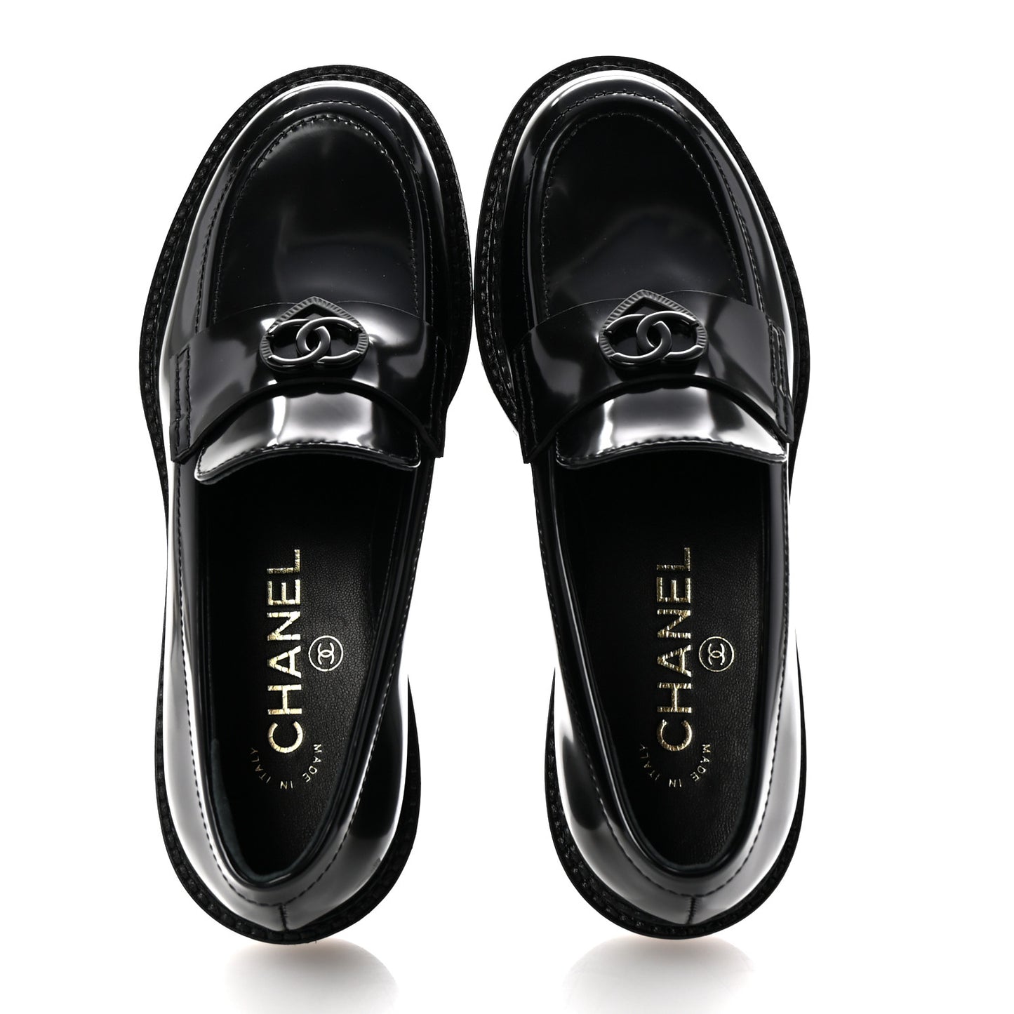Shiny Calfskin Quilted CC Mocassin Loafers 35 Black