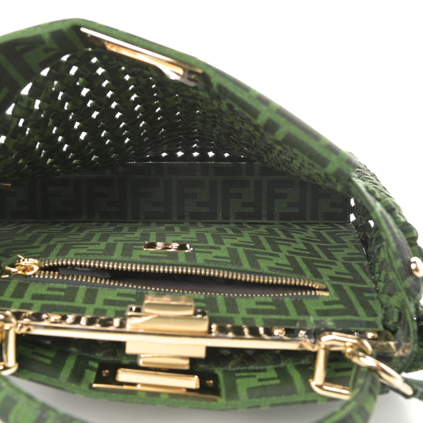 Fabric Jacquard FF 1974 Woven Knotted Medium Peekaboo Iconic Satchel Verde Black
