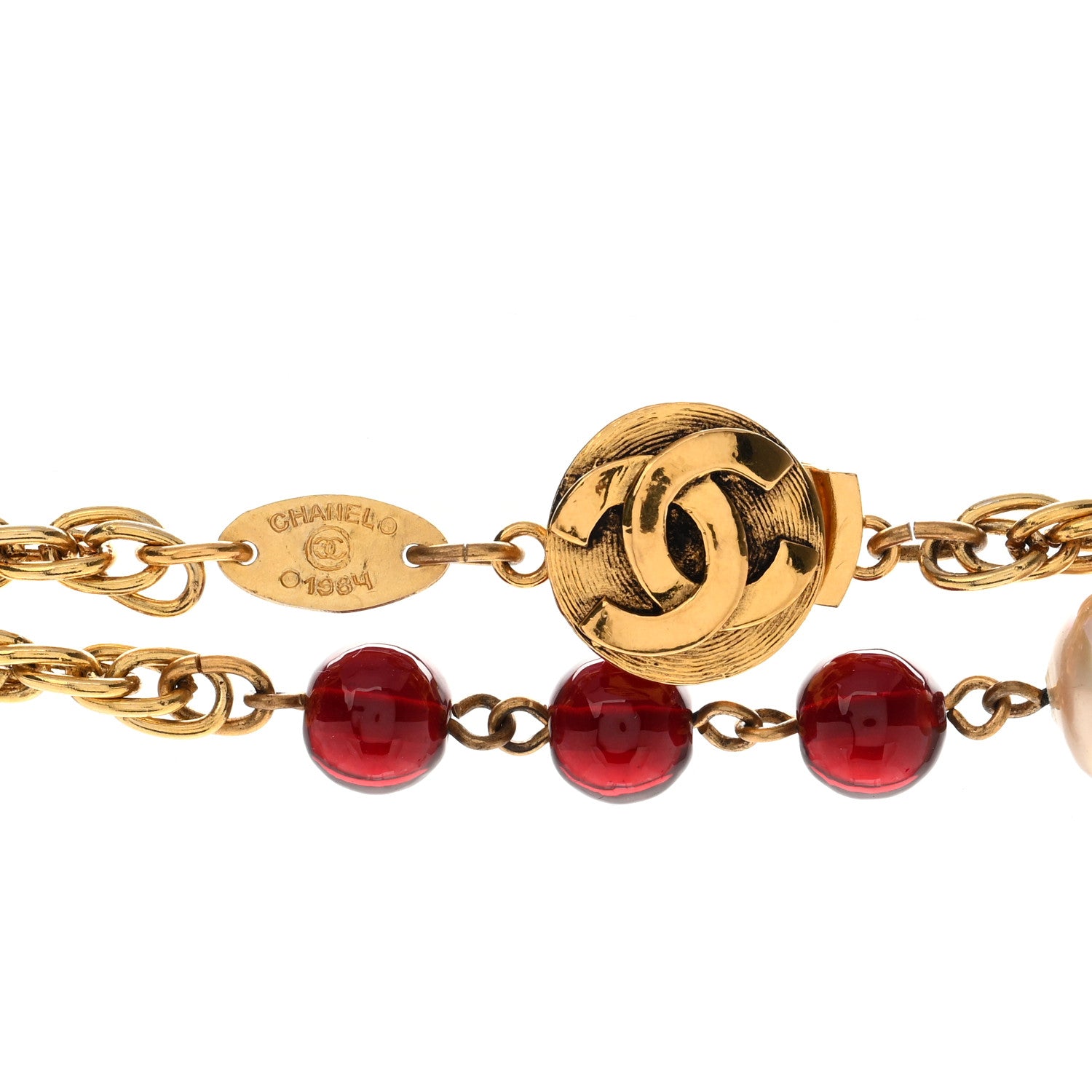 Chanel Beaded Pearl CC Long Strand Necklace Gold Red 5 of 6