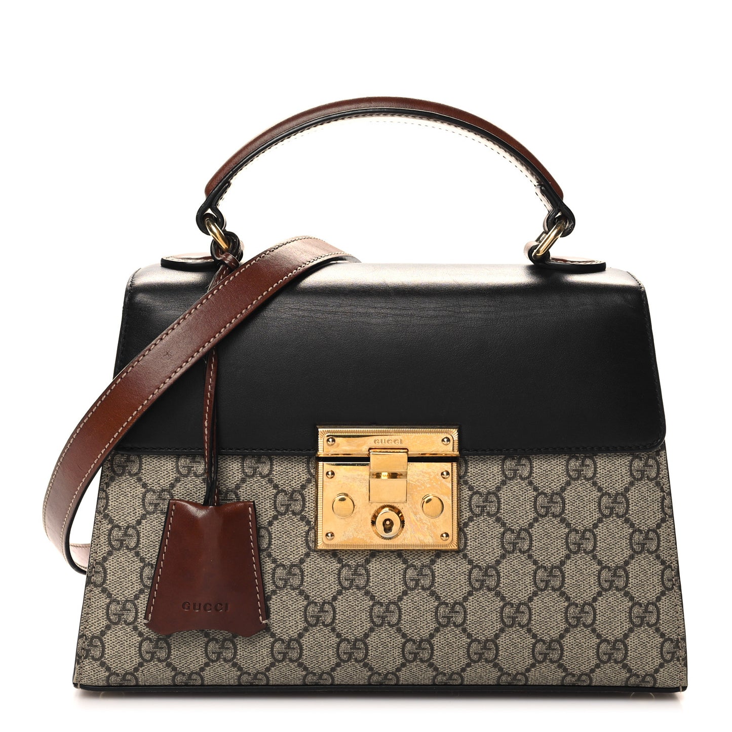 GG Supreme Monogram Calfskin Small Padlock Top Handle Bag Beige Black Cuir