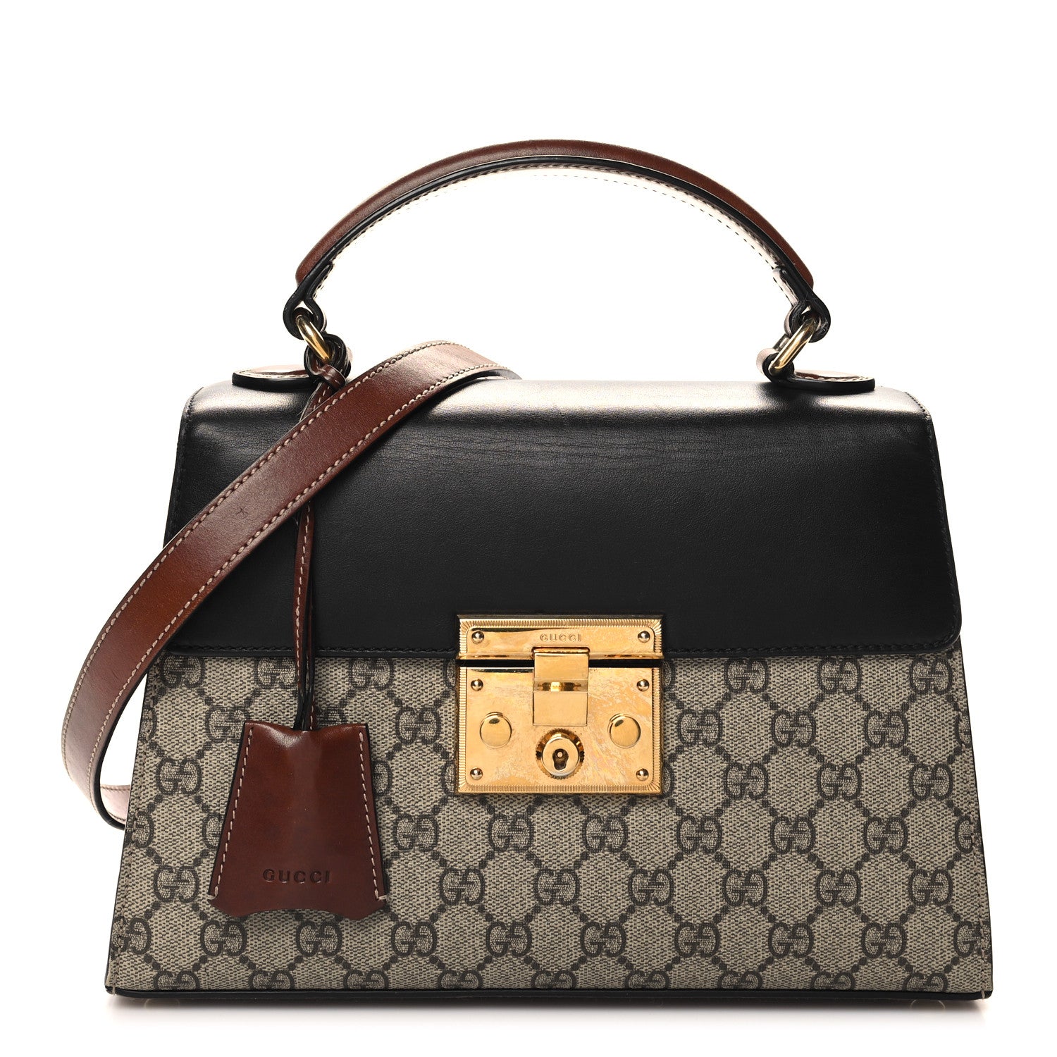 Gucci GG Supreme Monogram Calfskin Small Padlock Top Handle Bag Beige Black Cuir 1 of 12