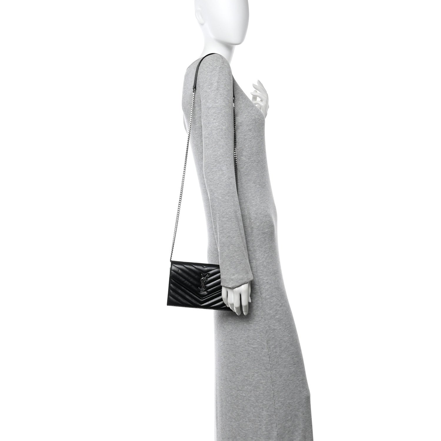 Saint Laurent Grain De Poudre Matelasse Chevron Monogram Envelope Chain Wallet Black 2 of 10