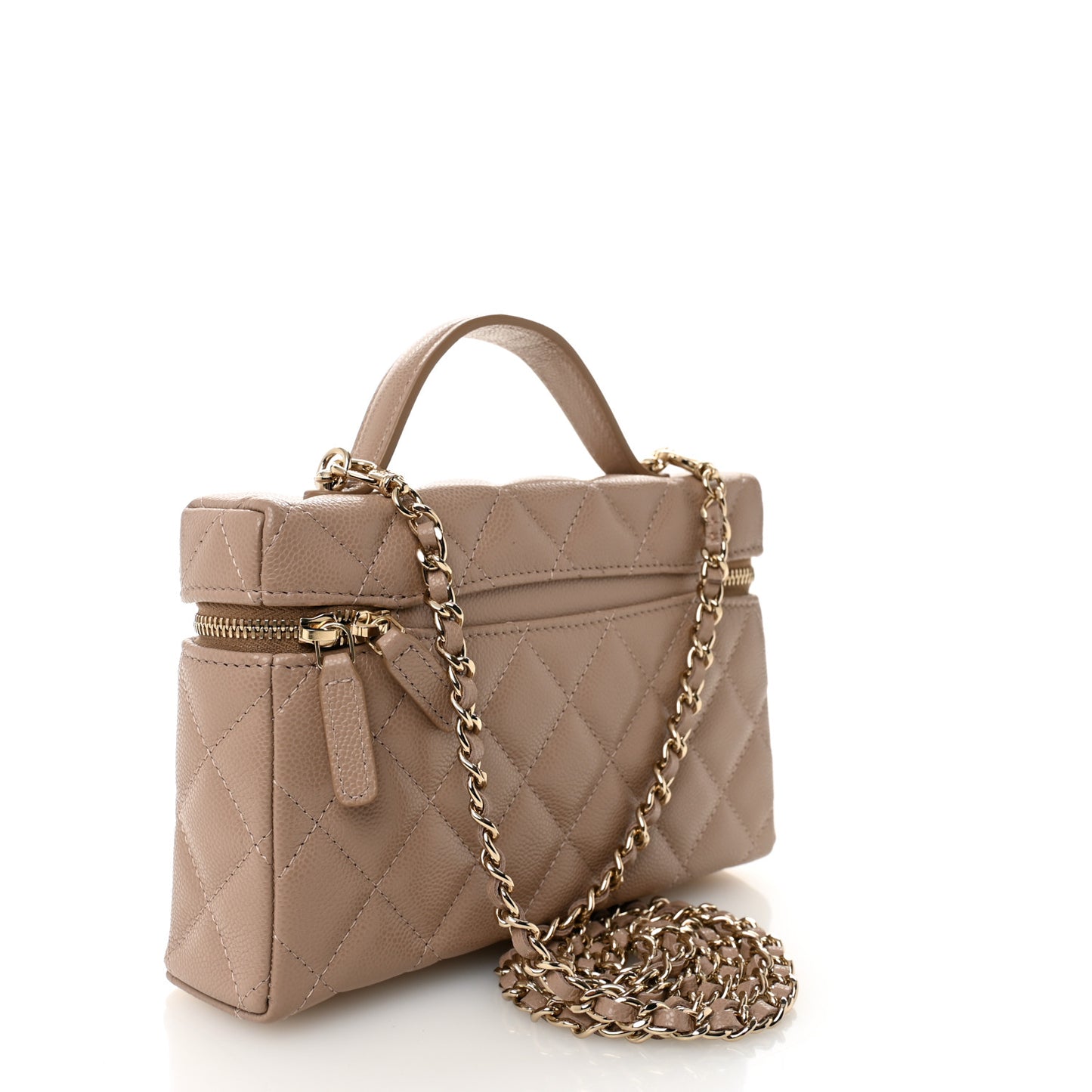 Caviar Quilted Top Handle Slim Vanity With Chain Dark Beige