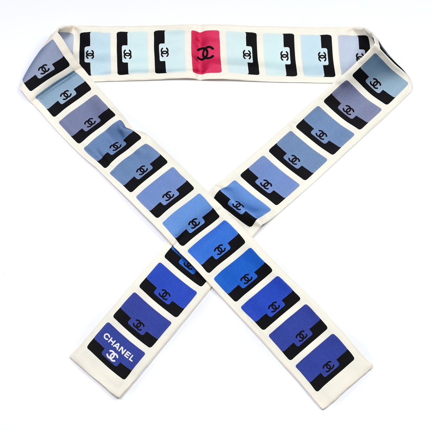 Chanel Silk CC Slim Bandeau Scarf Blue Black Ivory 1 of 3