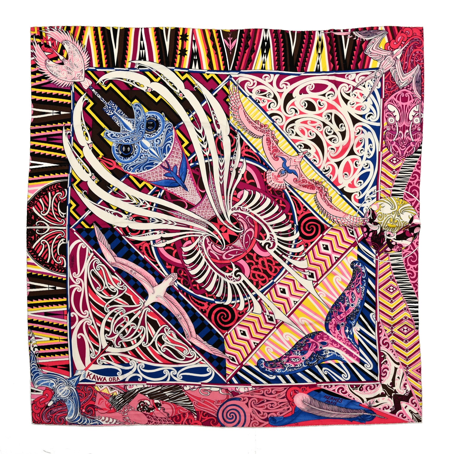 Hermes Cashmere Silk Kawa Ora Shawl 140 Fuchsia Marron Jaune 1 of 6