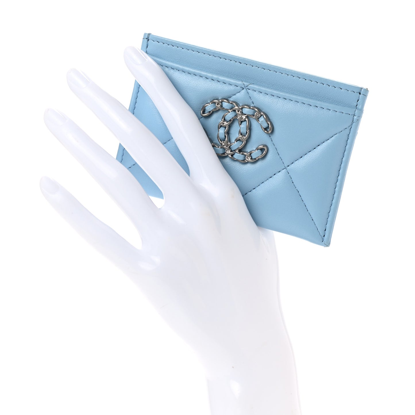 Lambskin Quilted Chanel 19 Card Holder Light Blue