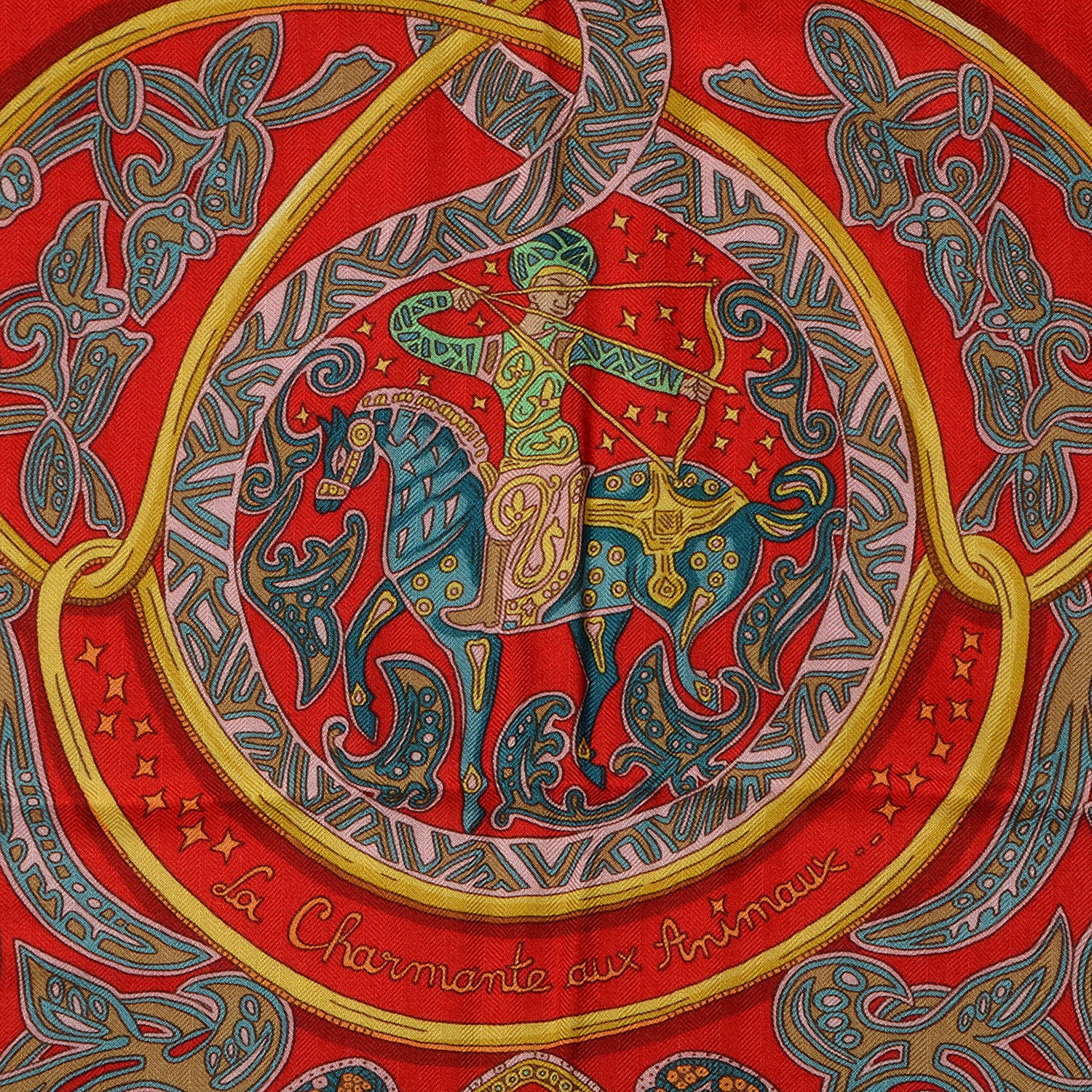Hermes Cashmere Silk La Charmante Aux Animaux Scarf 140 Rouge Ardoise Vieil Or 6 of 7