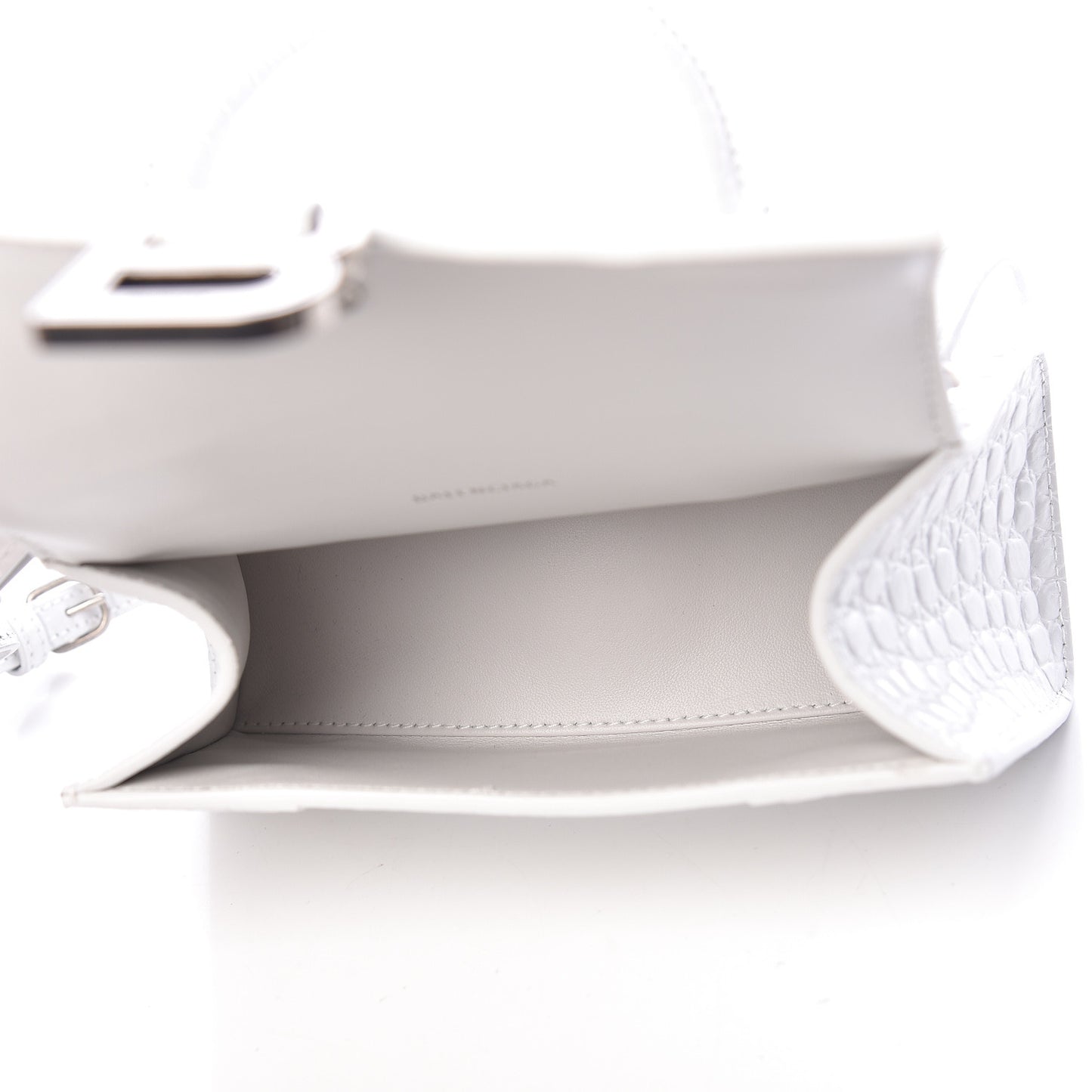 Shiny Calfskin Crocodile Embossed Hourglass Top Handle Bag XS White