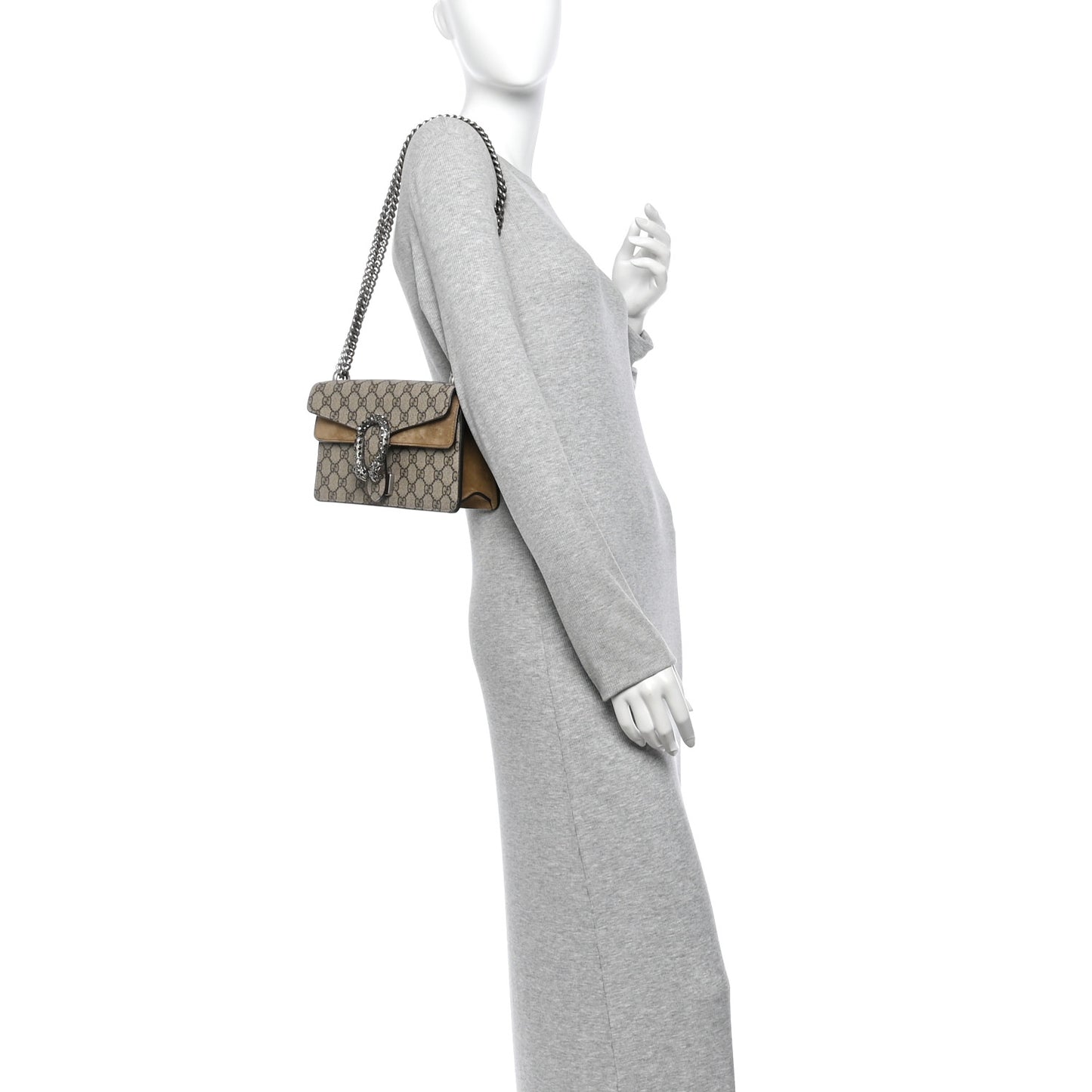 GG Supreme Monogram Suede Crystal Small Dionysus Shoulder Bag Beige Ebony Taupe