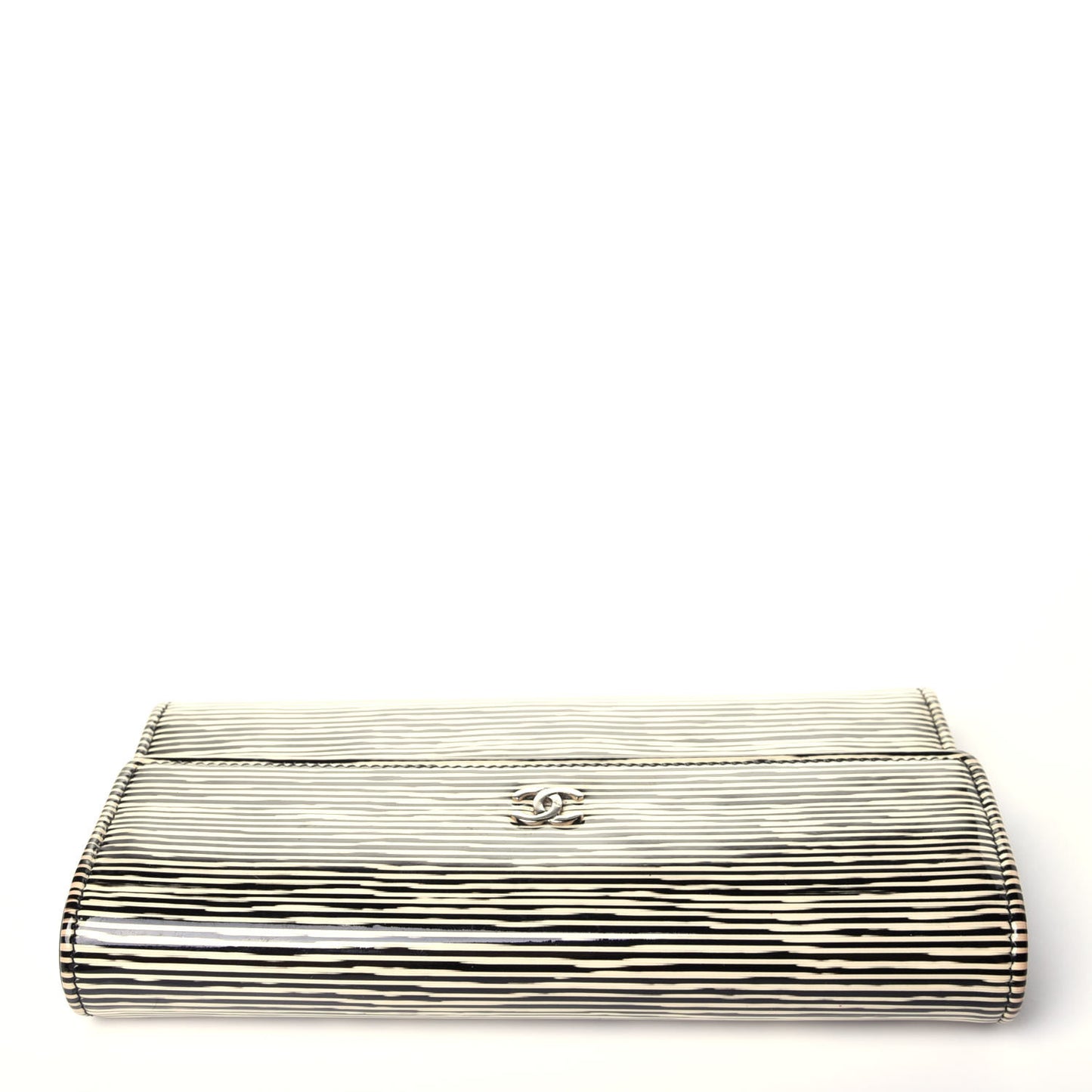 Patent Calfskin Striped Long Flap Wallet Black