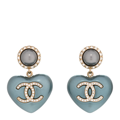 Chanel Pearl Crystal CC Heart Drop Earrings Blue 1 of 5