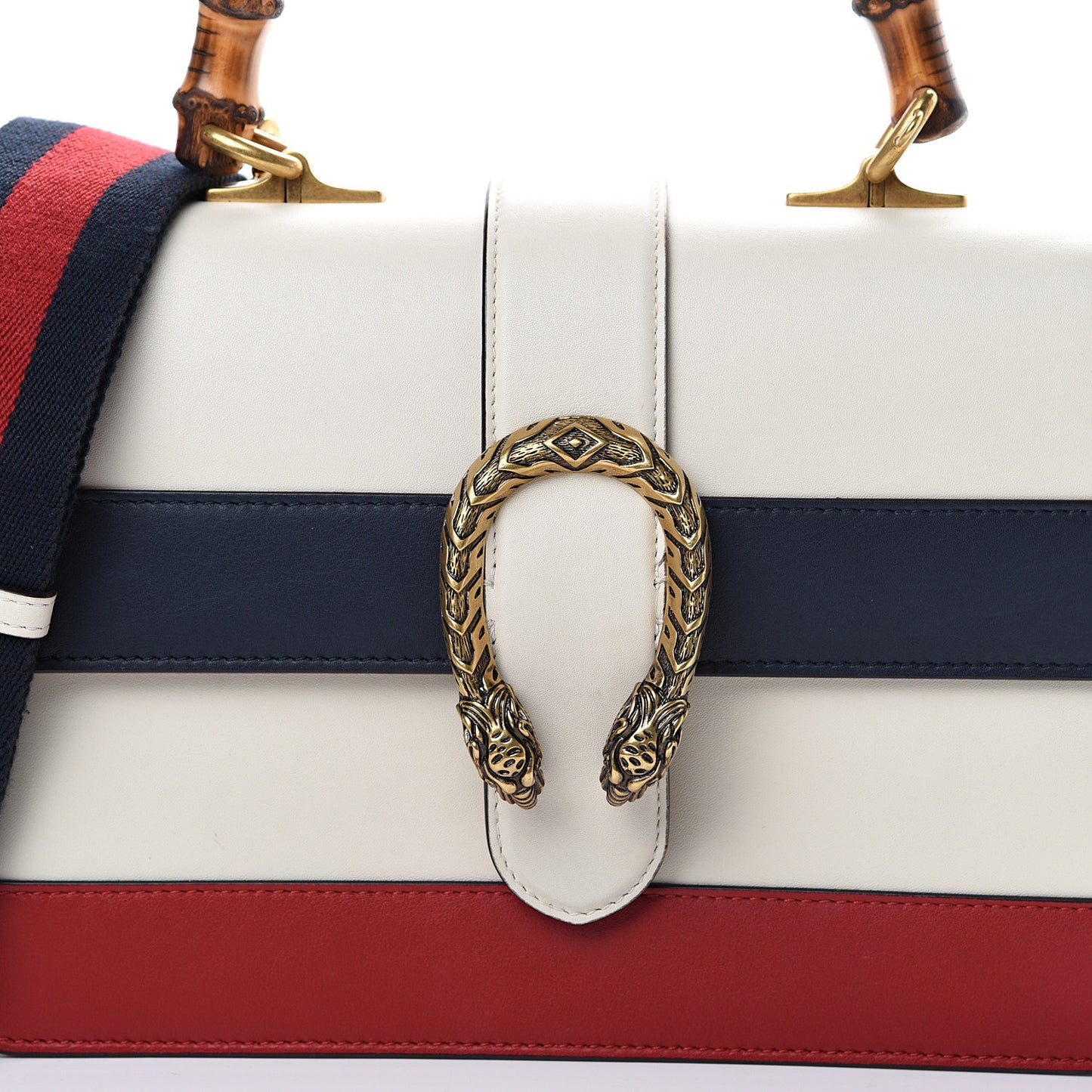 Calfskin Bamboo Web Medium Dionysus Top Handle Bag White Blue Hibiscus Red