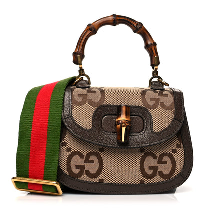Gucci Monogram Jumbo GG Textured Dollar Calfskin Web Mini Bamboo 1947 Top Handle Bag Camel Ebony New Acero 1 of 10