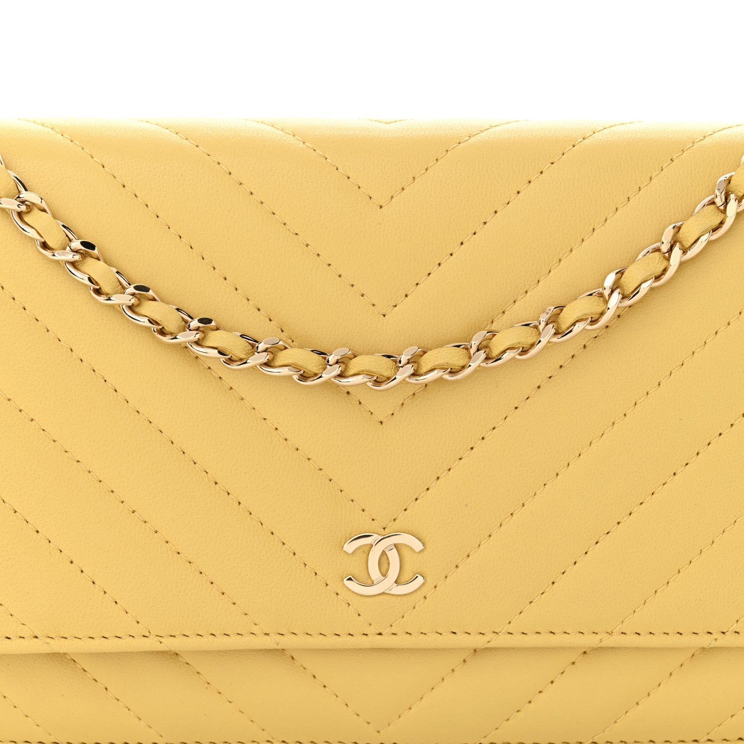 Chanel Lambskin Chevron Quilted Wallet On Chain WOC Yellow 10 of 12