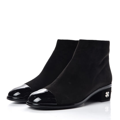 Chanel Kid Suede Patent Calfskin Charm Cap Toe Short Boots 42 Black 3 of 9