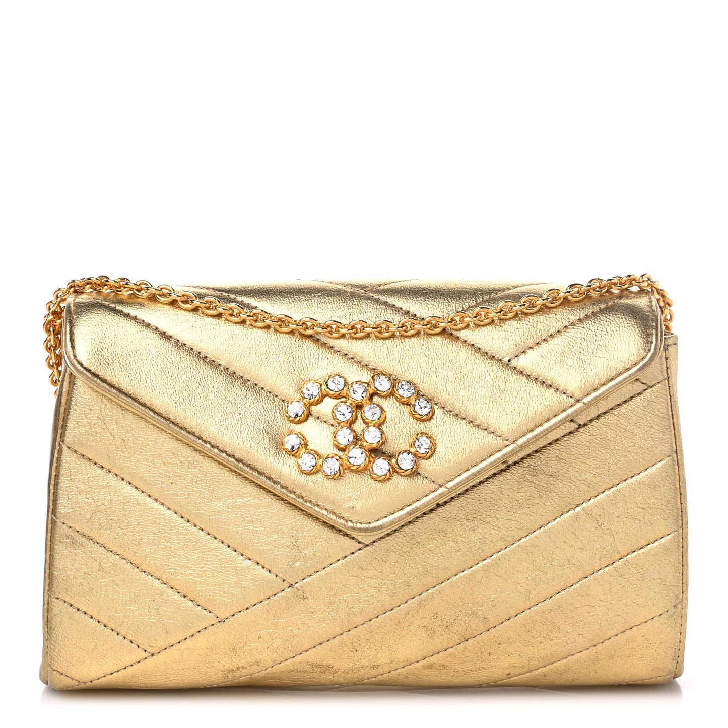 Metallic Lambskin Crystal Chevron Chain Clutch Gold