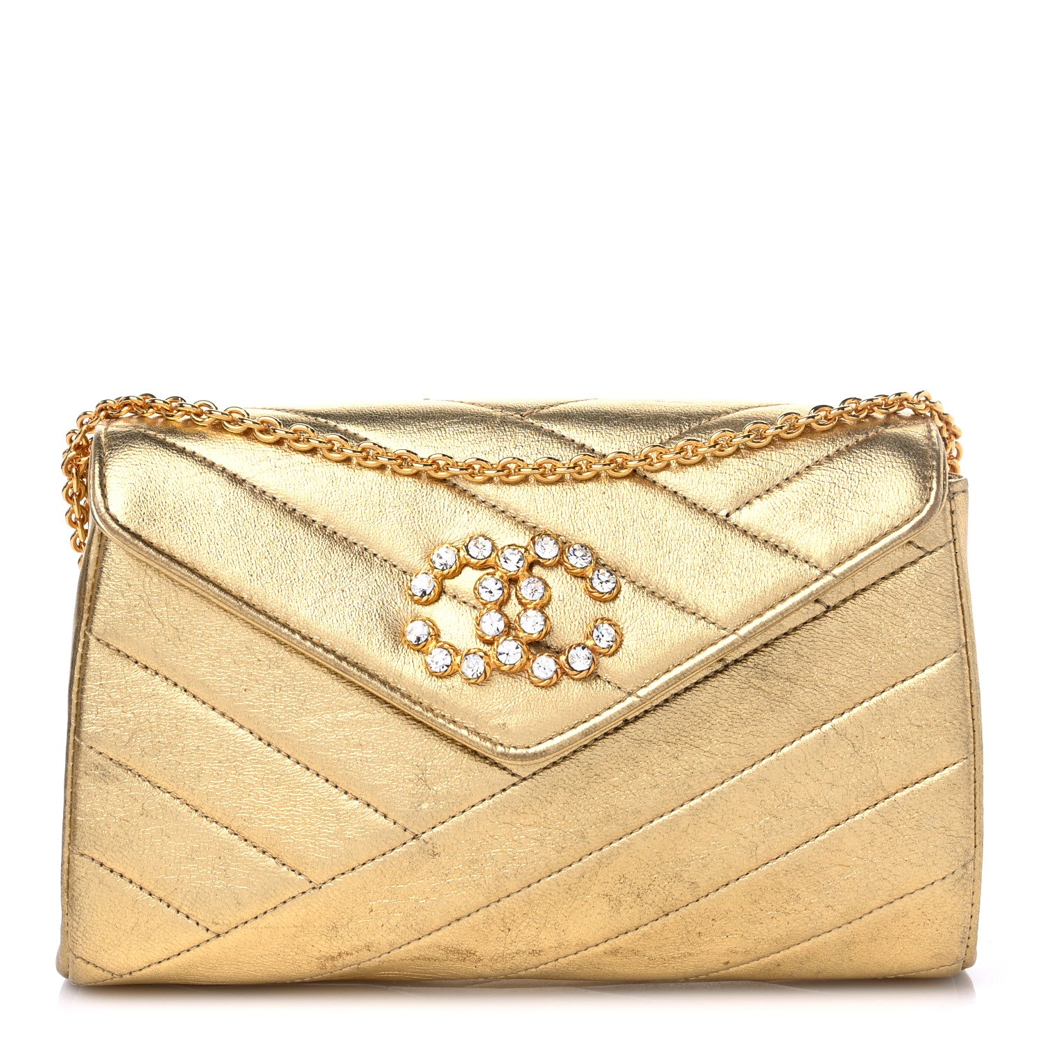 Chanel Metallic Lambskin Crystal Chevron Chain Clutch Gold 1 of 12