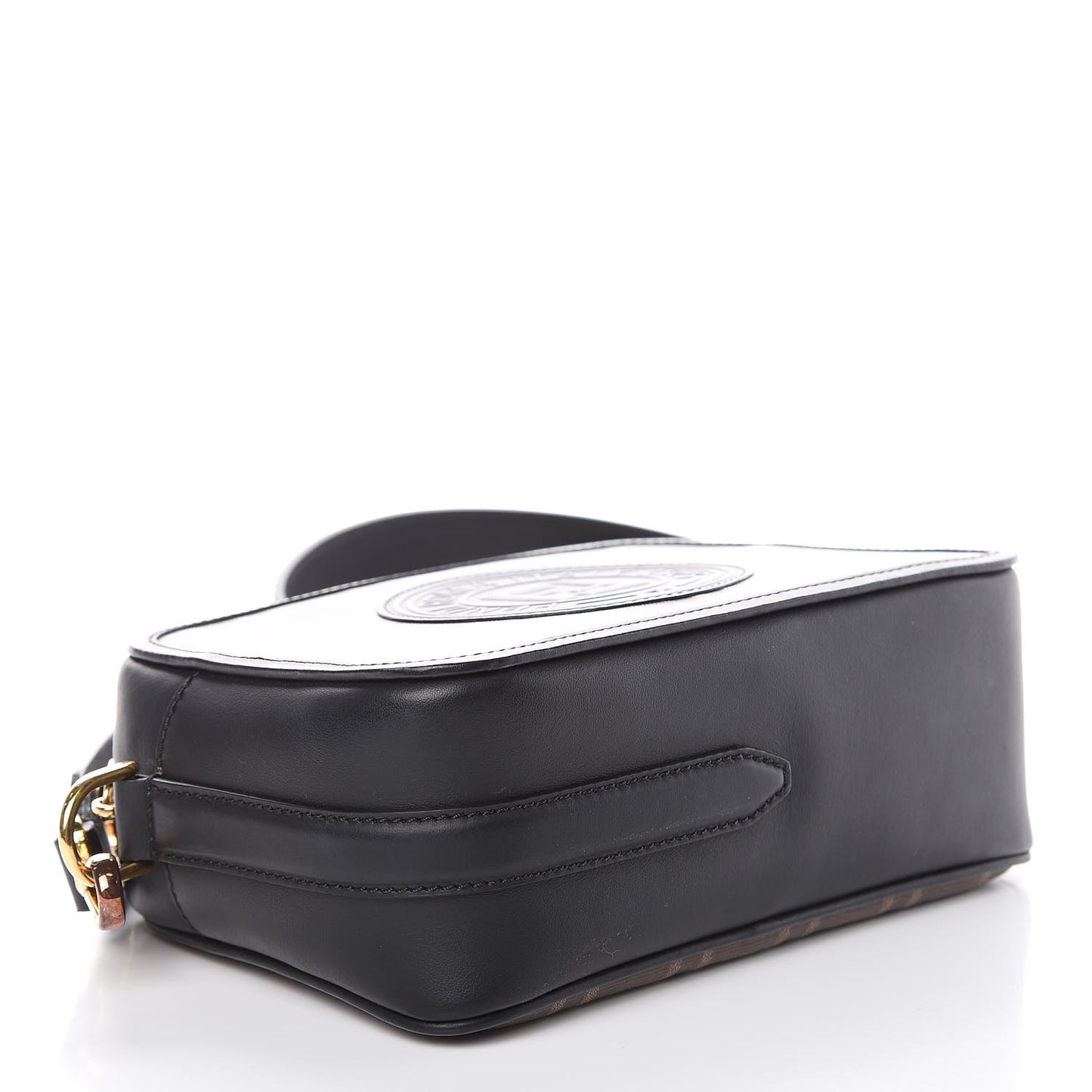 Glazed Fabric Vitello Century F is Fendi FF 1974 Stamp Patch Camera Case Mogano Panna Black