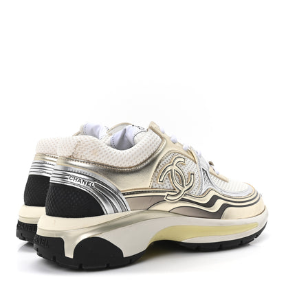 Chanel Fabric Laminated Calfskin Stretch CC Sneakers 36 White Gold Silver 5 of 9