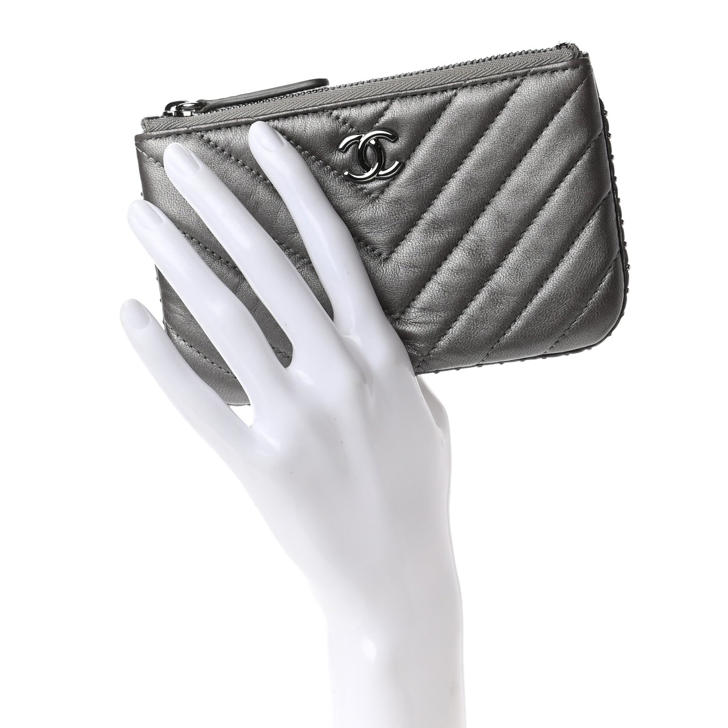 Crumpled Calfskin Chevron Quilted Studded Small Cosmetic Case Grey