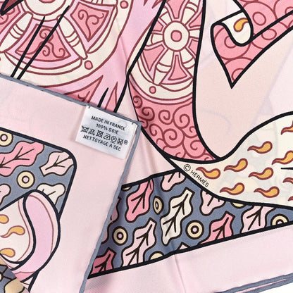Hermes Silk Carre Duels Oniriques Scarf 90 Rose Pale Gris Jaune 3 of 3