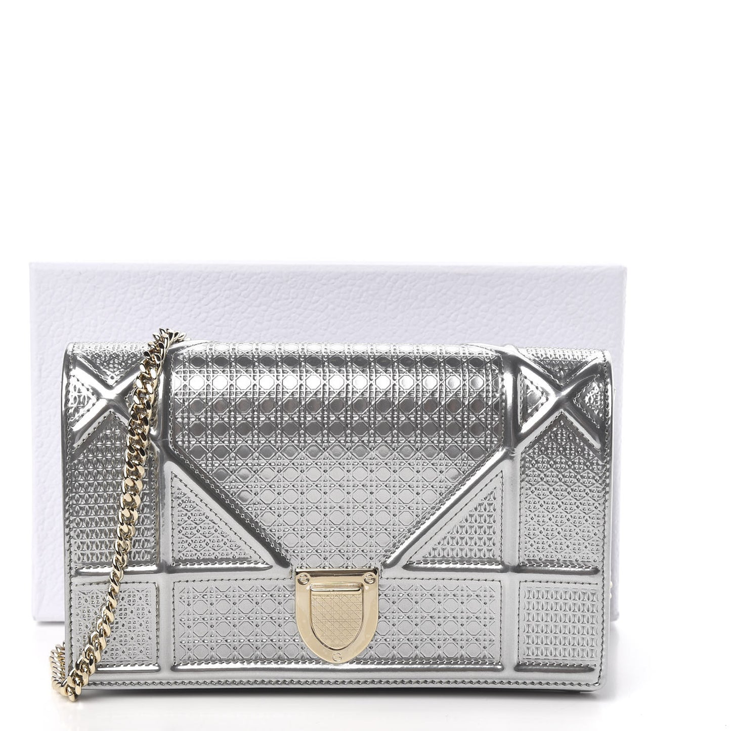 Metallic Patent Micro-Cannage Diorama Wallet on Chain Pouch Silver