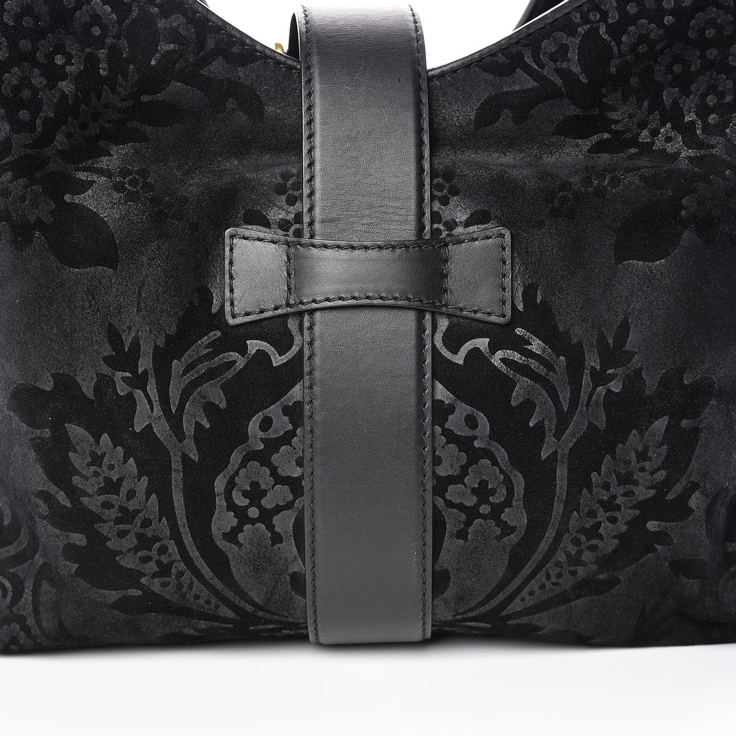 Nubuck Brocade Medium Soft Stirrup Shoulder Bag Black