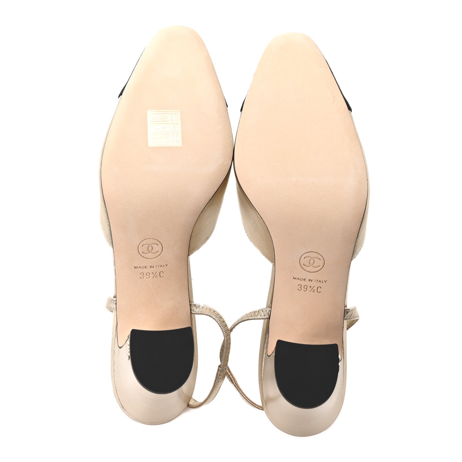 Chanel Laminated Crumpled Lambskin Grosgrain Cap Toe CC Slingback Pumps 39.5 Gold Black 6 of 10
