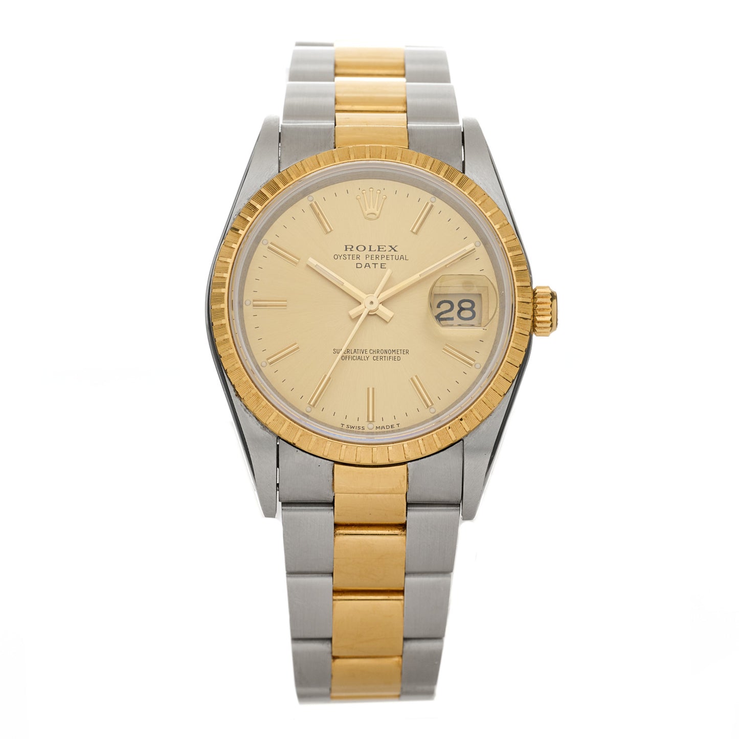 Stainless Steel 18K Yellow Gold 34mm Oyster Perpetual Date Watch Champagne 15223