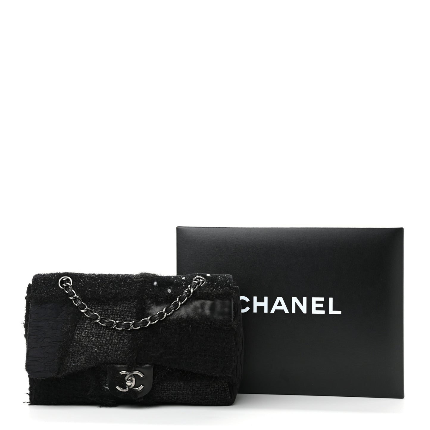 Tweed Faux Fur Patchwork Jumbo Single Flap Black