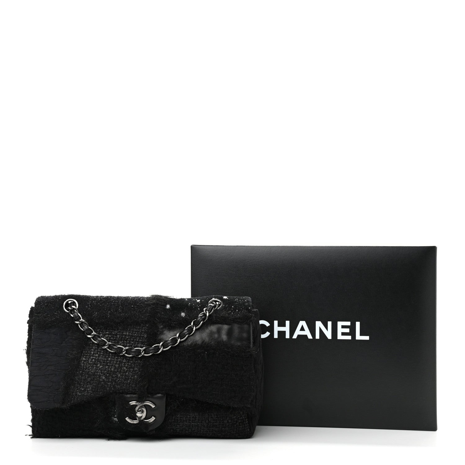Chanel Tweed Faux Fur Patchwork Jumbo Single Flap Black 10 of 10