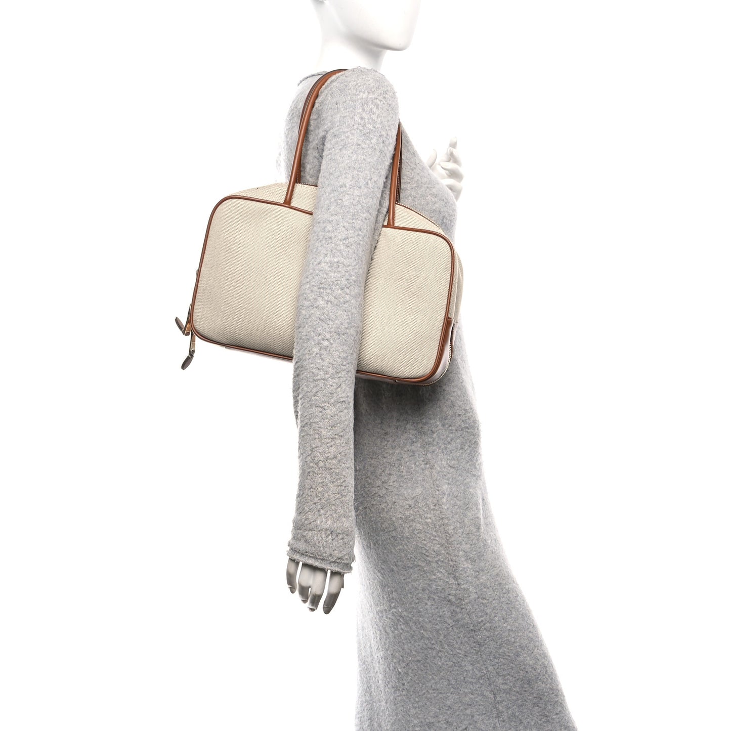 Canvas Calfskin Large Beau Top Handle Bag Naturale Brandy