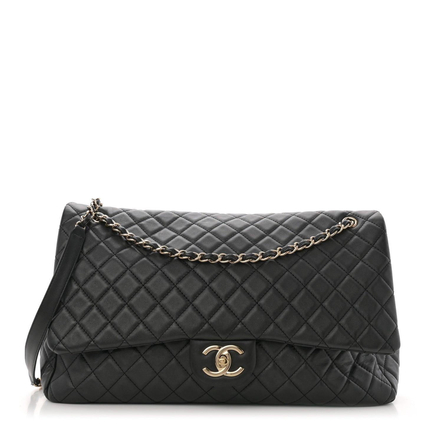 Calfskin Quilted XXL Travel Flap Bag Black