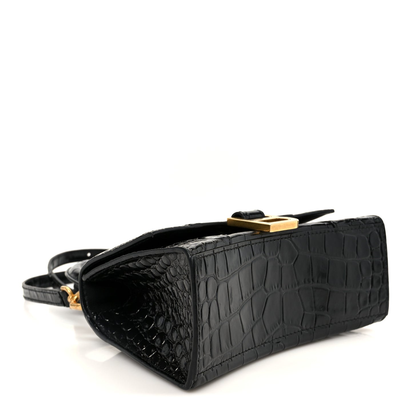 Shiny Calfskin Crocodile Embossed Hourglass Top Handle Bag XS Black