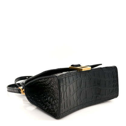 Balenciaga Shiny Calfskin Crocodile Embossed Hourglass Top Handle Bag XS Black 4 of 11