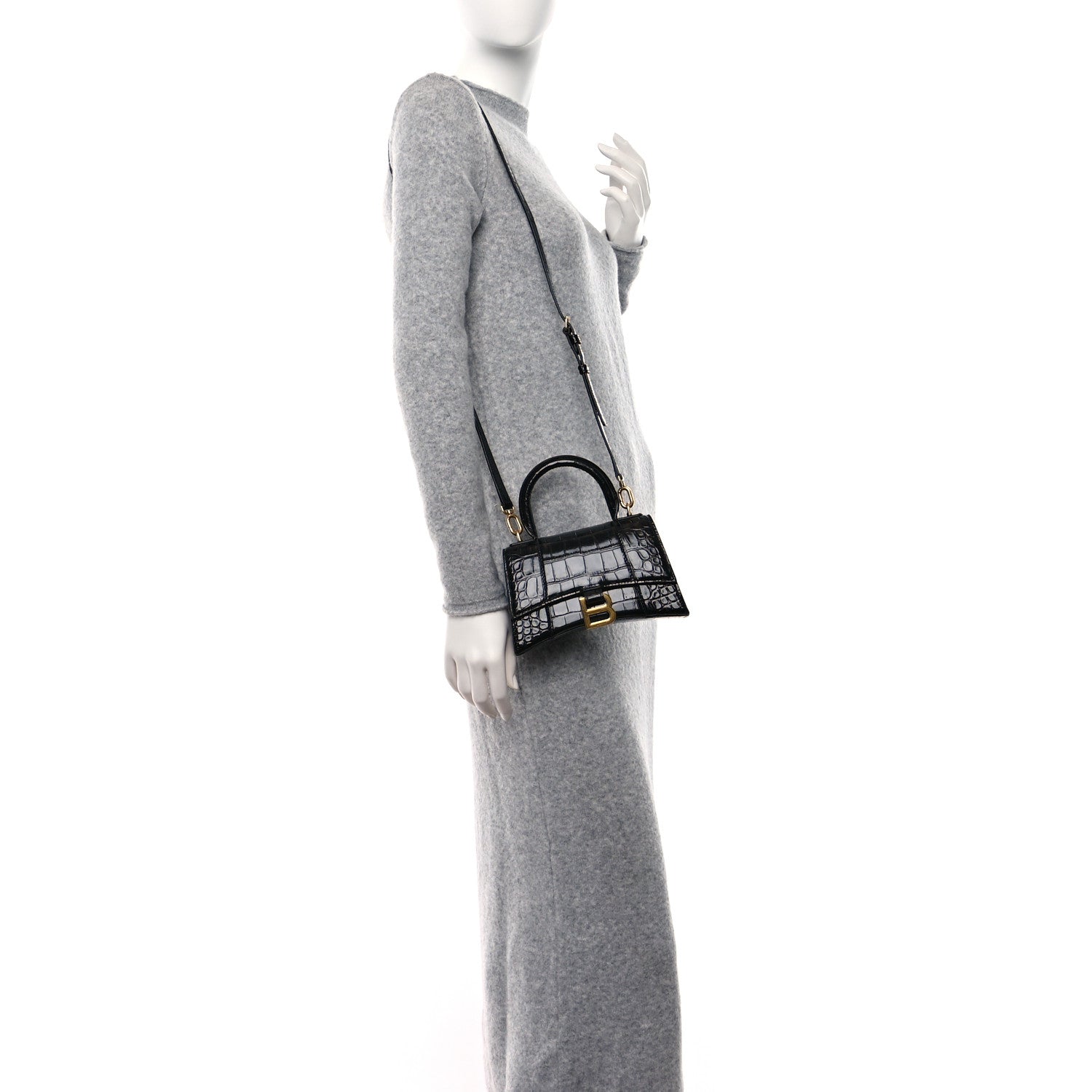 Balenciaga Shiny Calfskin Crocodile Embossed Hourglass Top Handle Bag XS Black 2 of 13