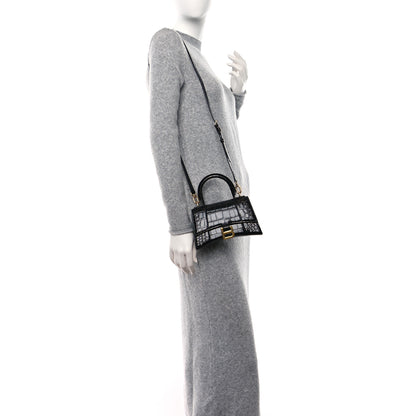 Balenciaga Shiny Calfskin Crocodile Embossed Hourglass Top Handle Bag XS Black 2 of 13