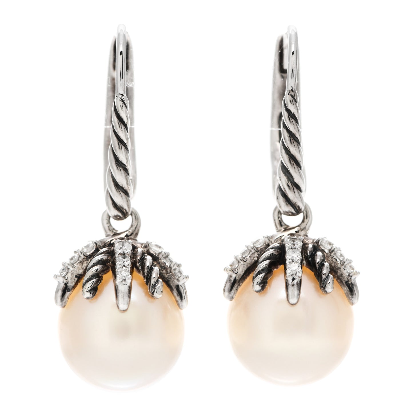Sterling Silver Diamond 9.5mm Pearl Starburst Drop Earrings