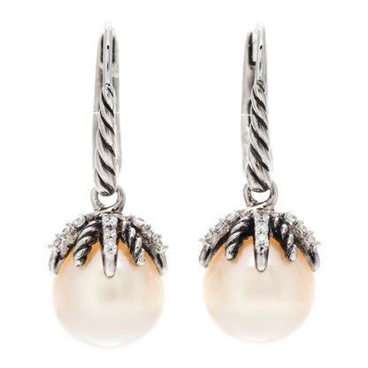 David Yurman Sterling Silver Diamond 9.5mm Pearl Starburst Drop Earrings 1 of 4
