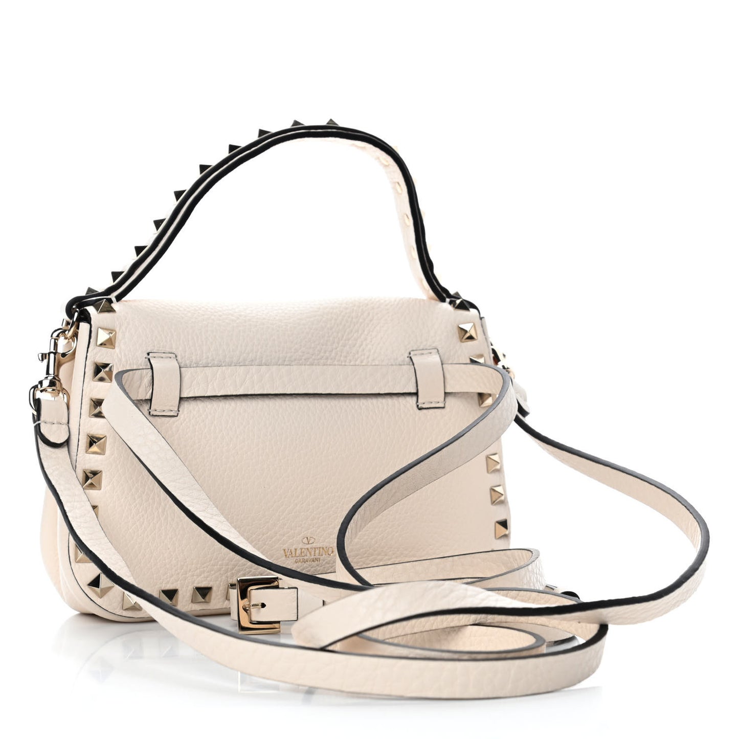 Pebbled Calfskin Small Rockstud Top Handle Bag Light Ivory