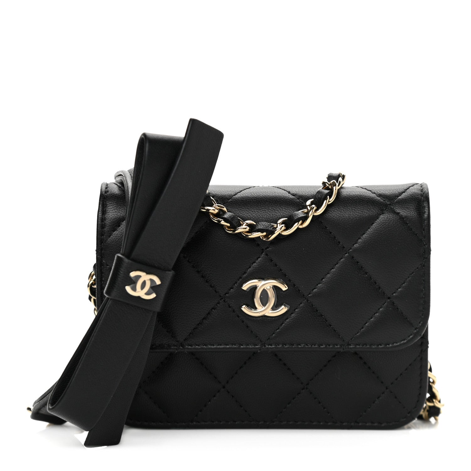 Chanel Lambskin Quilted Mini Coco Bow Clutch With Chain Black 1 of 11